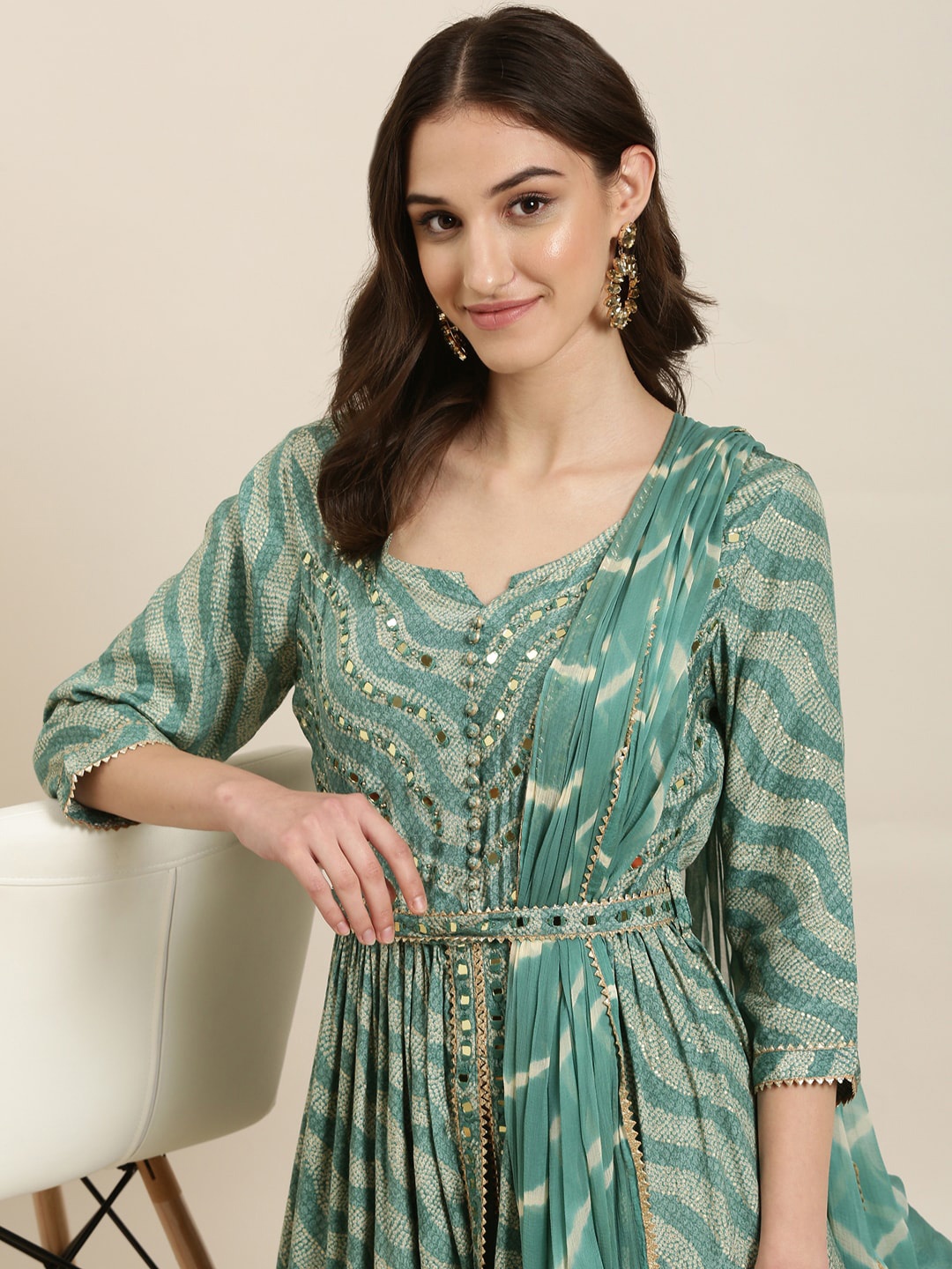 SHOWOFF Leheriya Printed Mirror Work A-Line Kurta & Trousers With Dupatta, Sea green