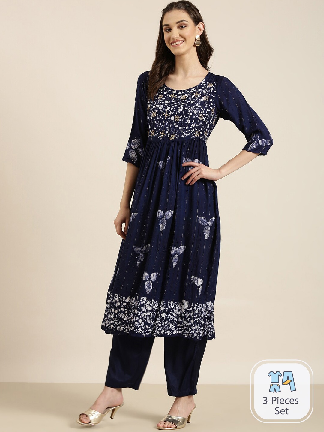 

SHOWOFF Abstract Printed Beads And Stones Kurta With Trousers & Dupatta, Navy blue