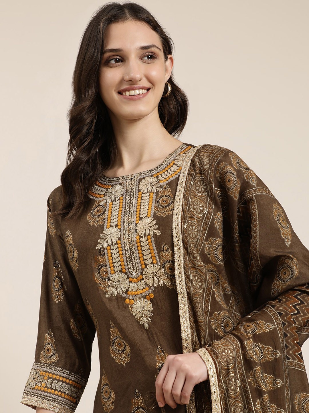 

SHOWOFF Ethnic Motifs Printed Thread Work Kurta with Trousers & Dupatta, Brown