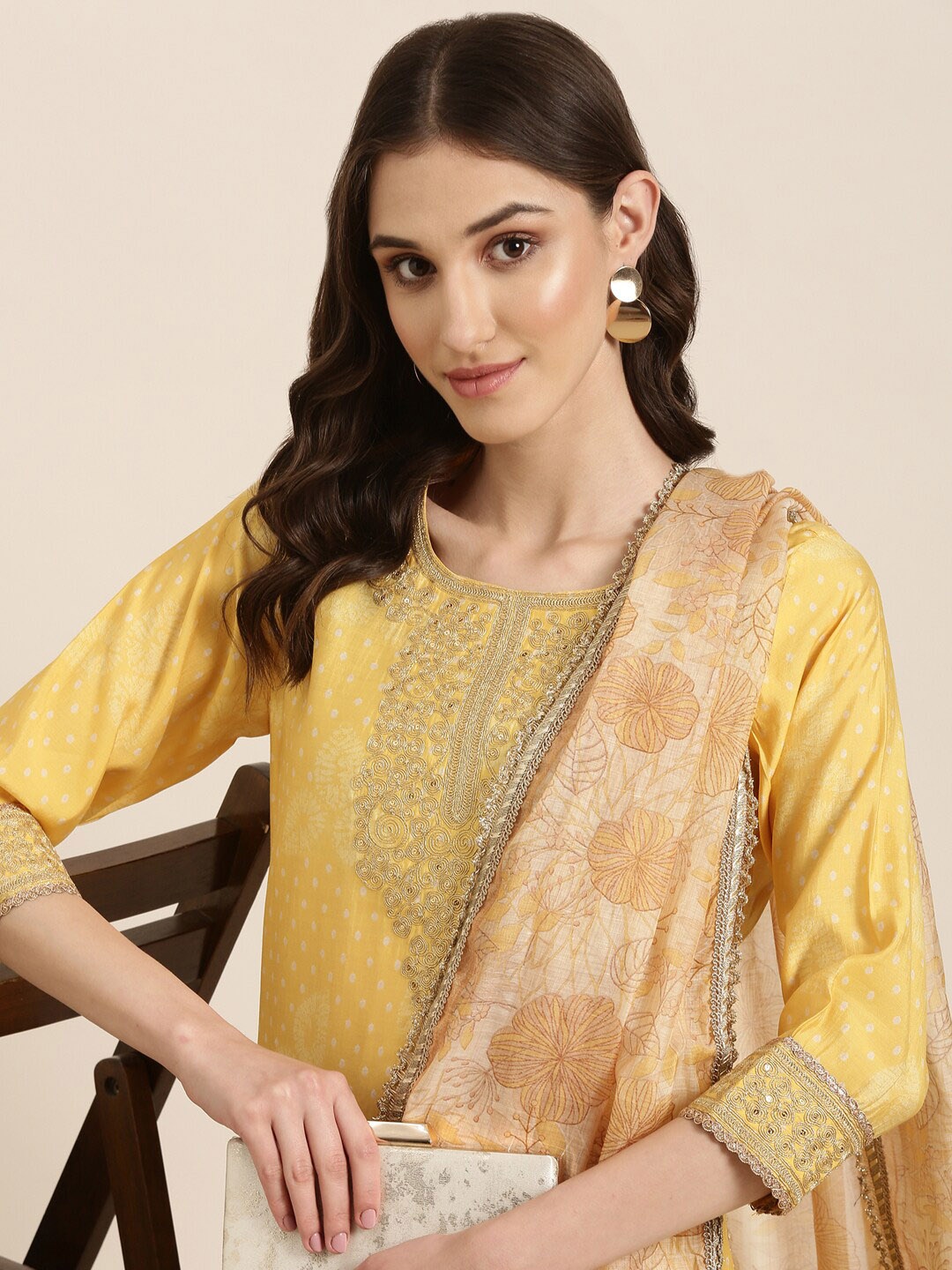 

SHOWOFF Geometric Printed Regular Kurta With Trousers & Dupatta, Yellow
