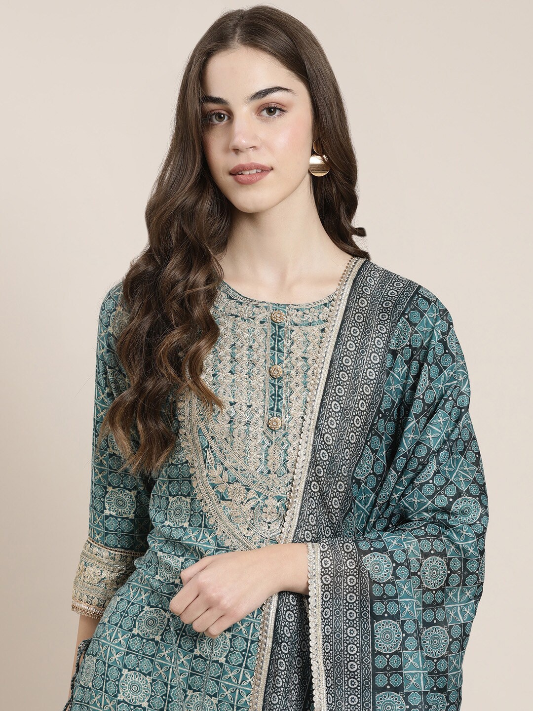 

SHOWOFF Ethnic Motifs Printed Thread Work Straight Kurta With Sharara & Dupatta, Teal