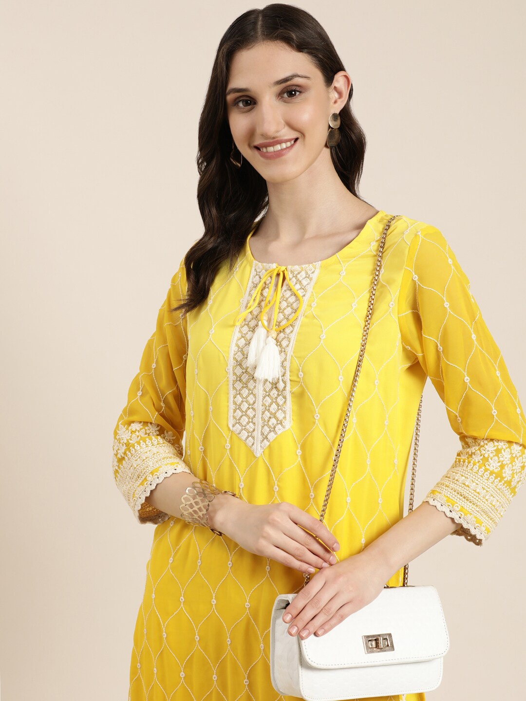 

SHOWOFF Ethnic Motifs Embroidered Regular Thread Work Kurta With Trousers, Yellow
