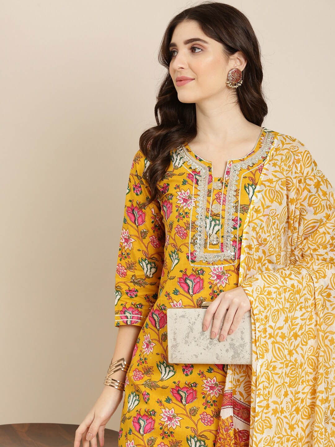 

SHOWOFF Floral Printed Regular Gotta Patti Kurta With Trousers & With Dupatta, Mustard