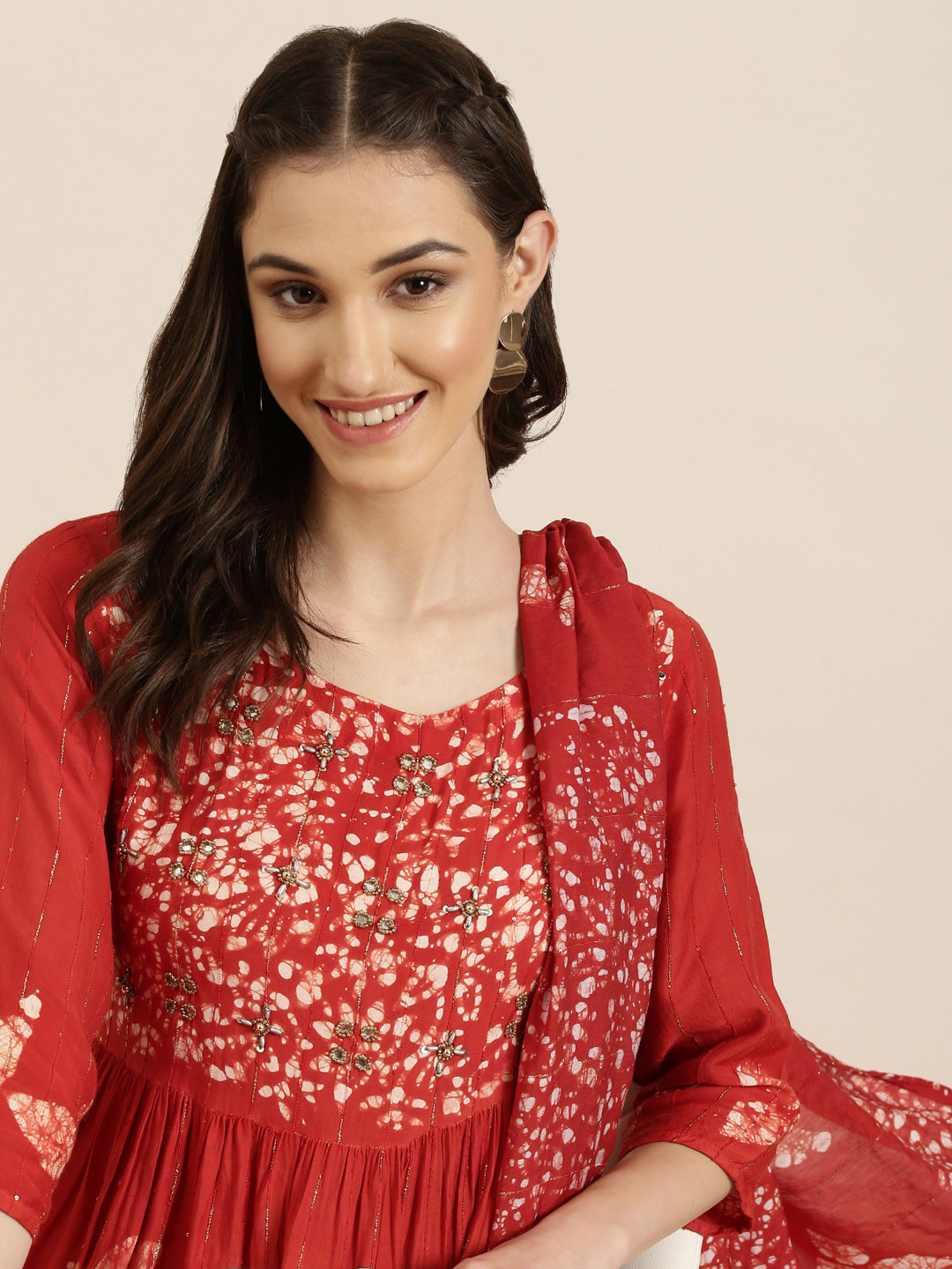 

SHOWOFF Abstract Printed Beads And Stones Kurta With Trousers & Dupatta, Rust
