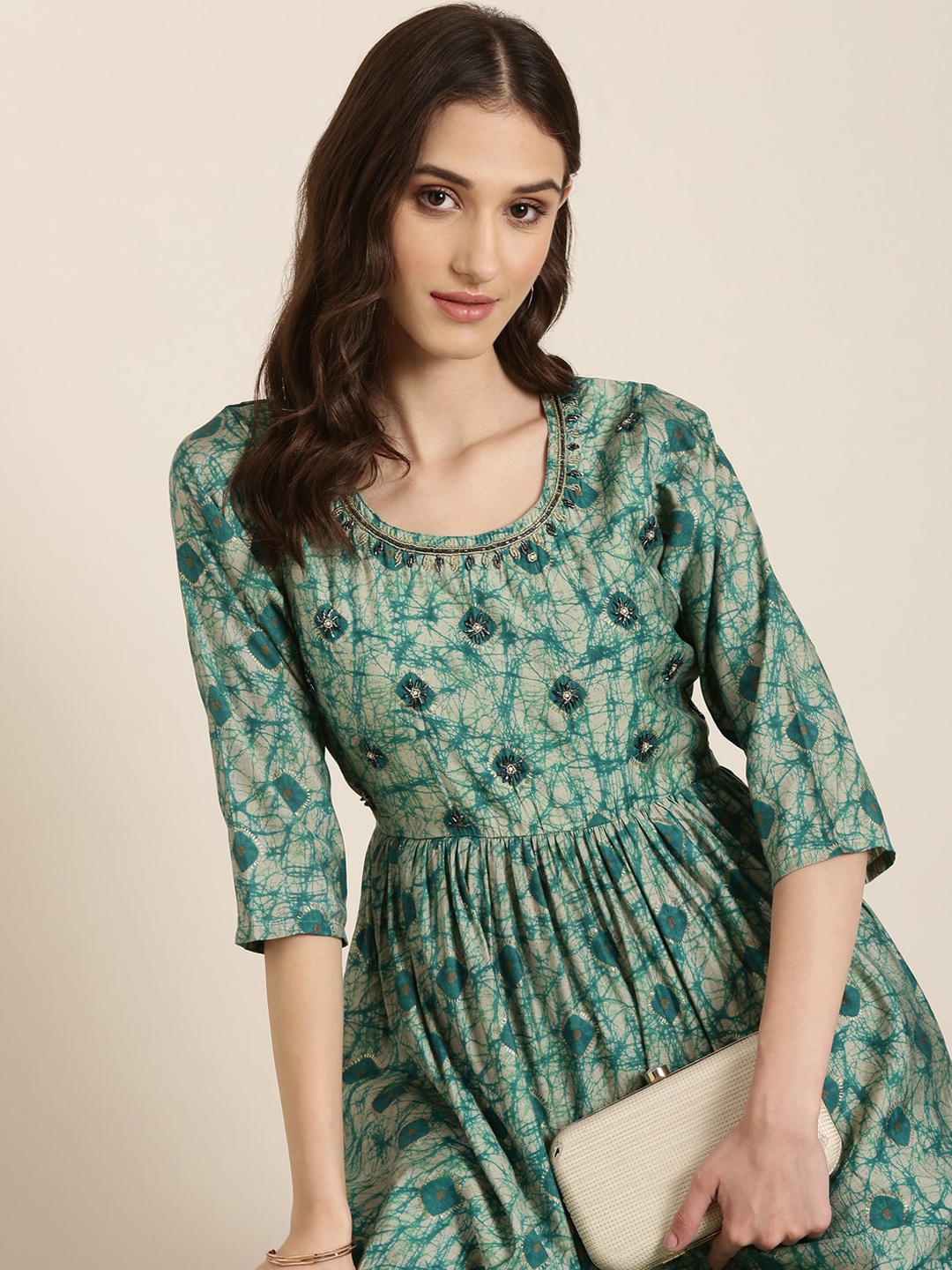

SHOWOFF Printed Empire Beads and Stones Kurta With Trousers, Teal