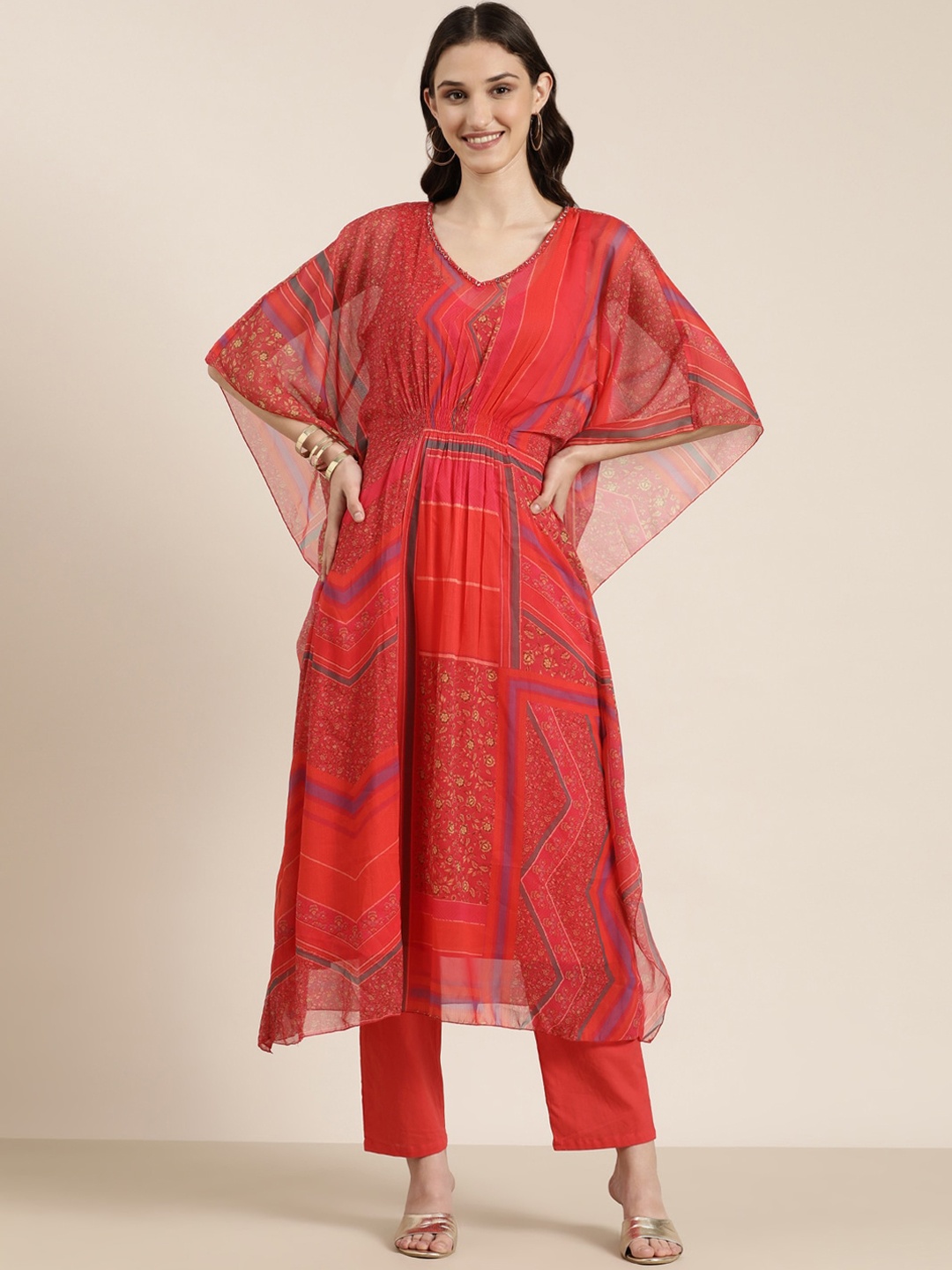 

SHOWOFF Floral Printed Beads & Stones Kaftan Kurta & Trousers, Red