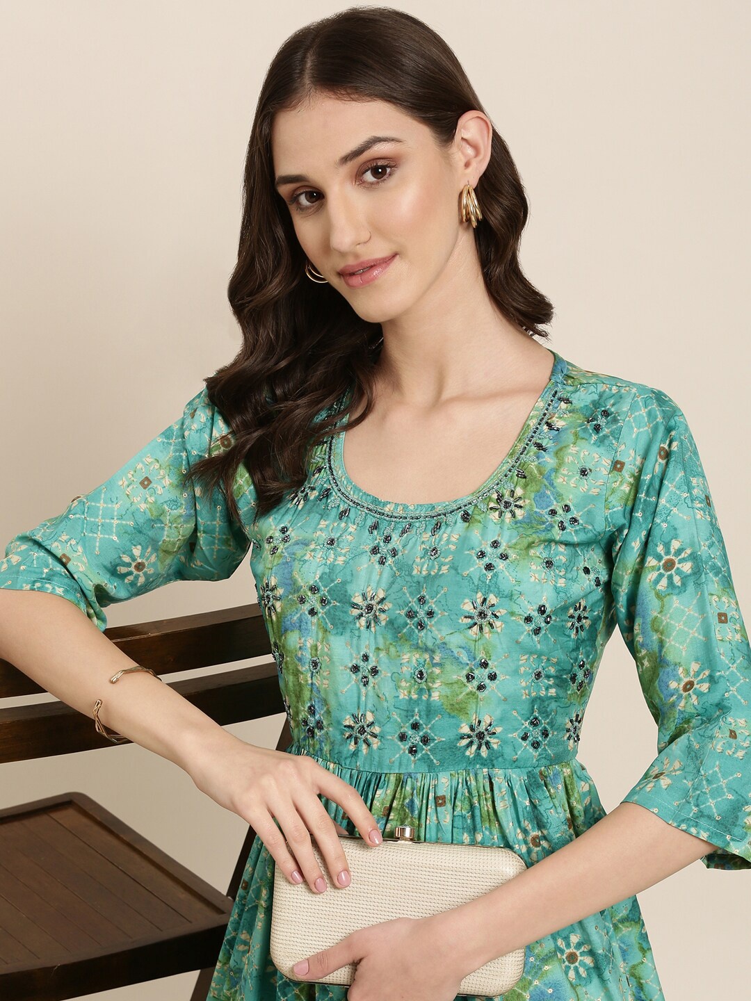 

SHOWOFF Teal Floral Printed Regular Beads And Stones Kurta With Trousers