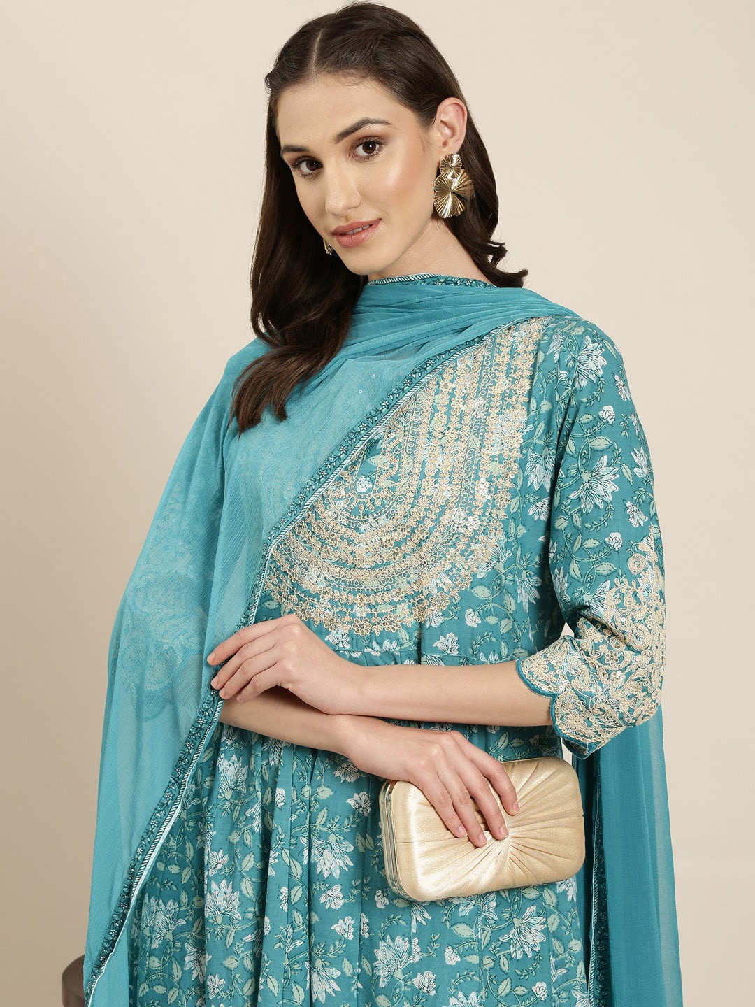 SHOWOFF Floral Printed Empire Thread Work Kurta with Trousers & Dupatta, Turquoise blue