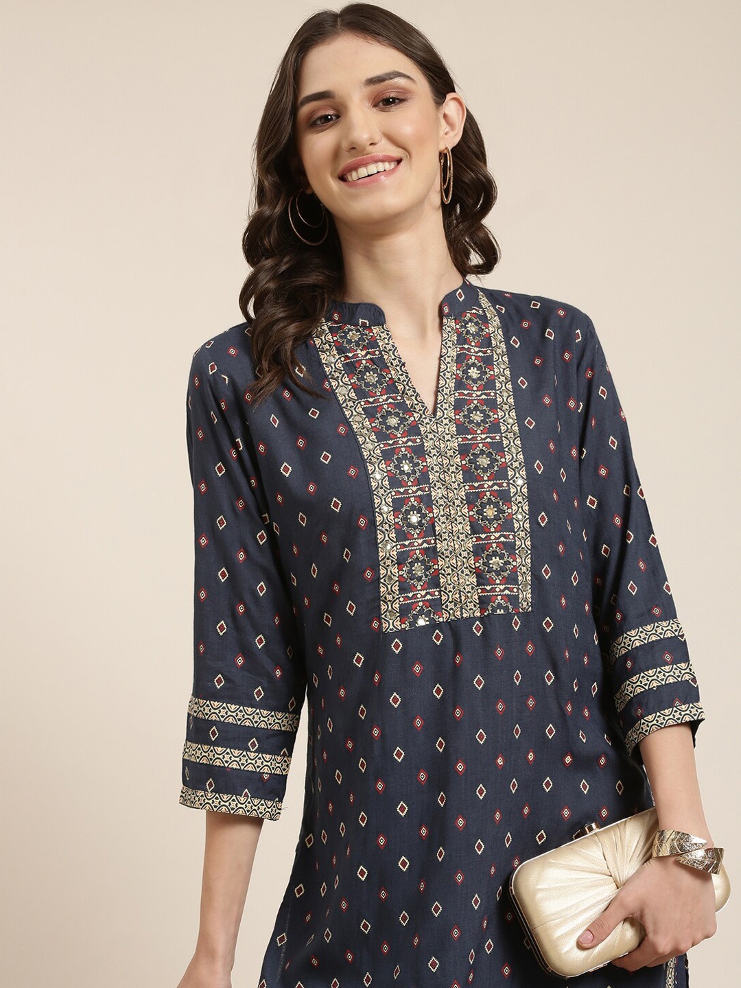 

SHOWOFF Geometric Printed Regular Beads and Stones Kurta With Sharara, Navy blue