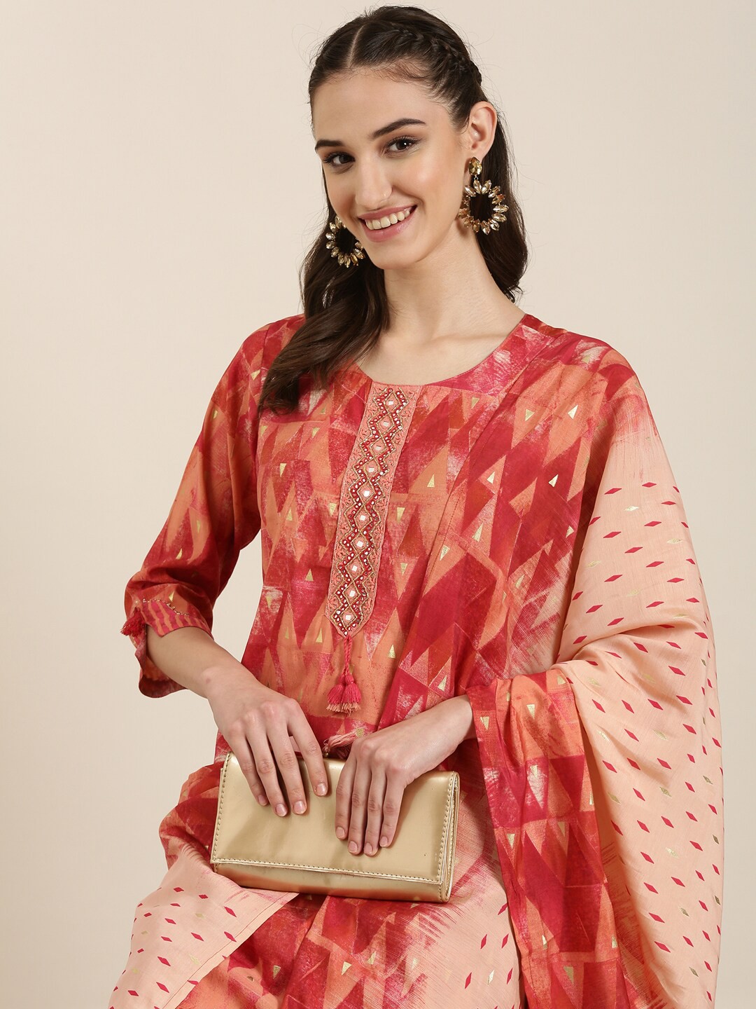 

SHOWOFF Ethnic Motifs Printed Mirror Work Kurta & Trousers With Dupatta, Red