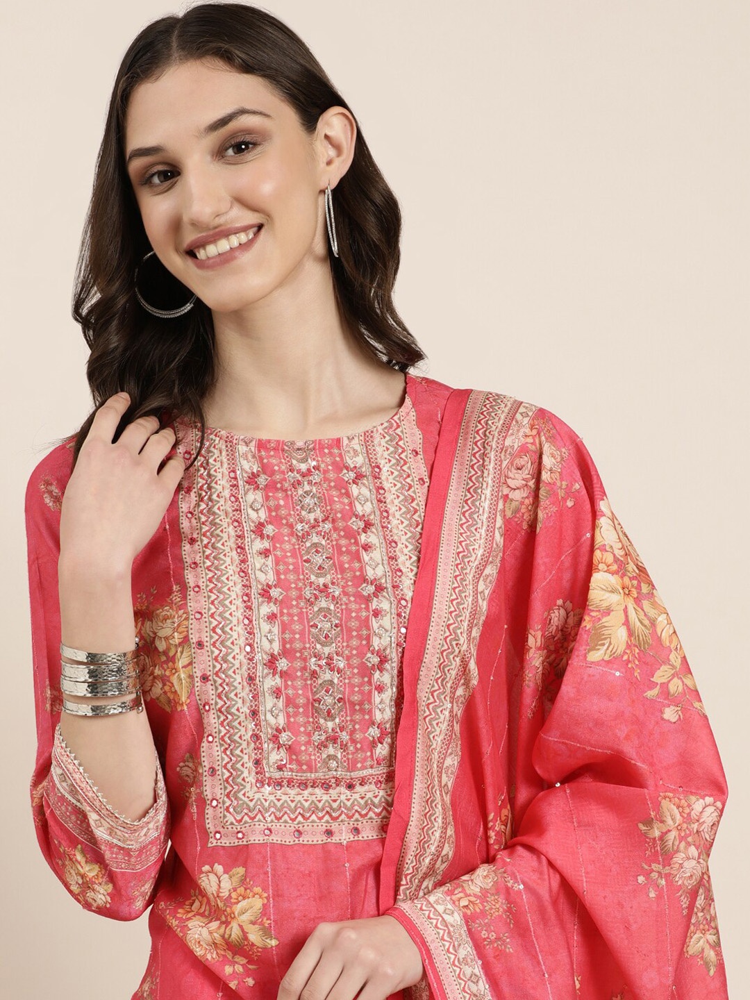 

SHOWOFF Floral Printed Regular Mirror Work Kurta With Sharara & Dupatta, Coral