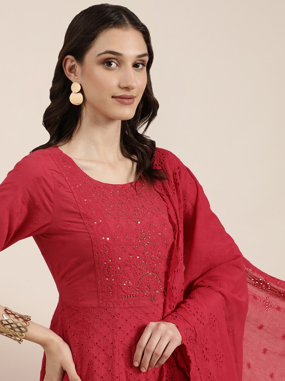 

SHOWOFF Ethnic Motifs Woven Design Anarkali Beads And Stones Kurta With Palazzos & Dupatta, Fuchsia