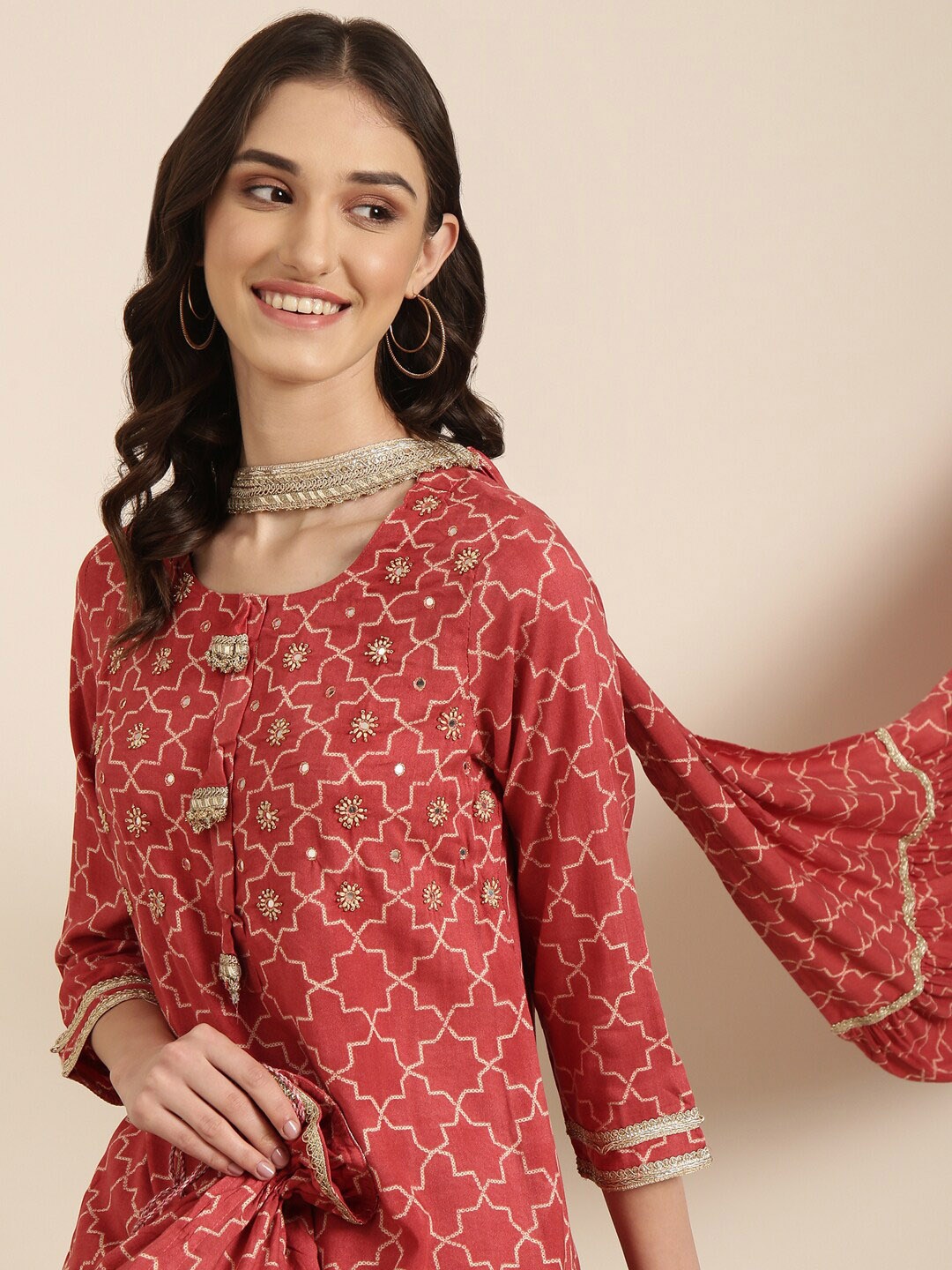 

SHOWOFF Geometric Printed Mirror Work Straight Kurta With Palazzos & Dupatta, Coral