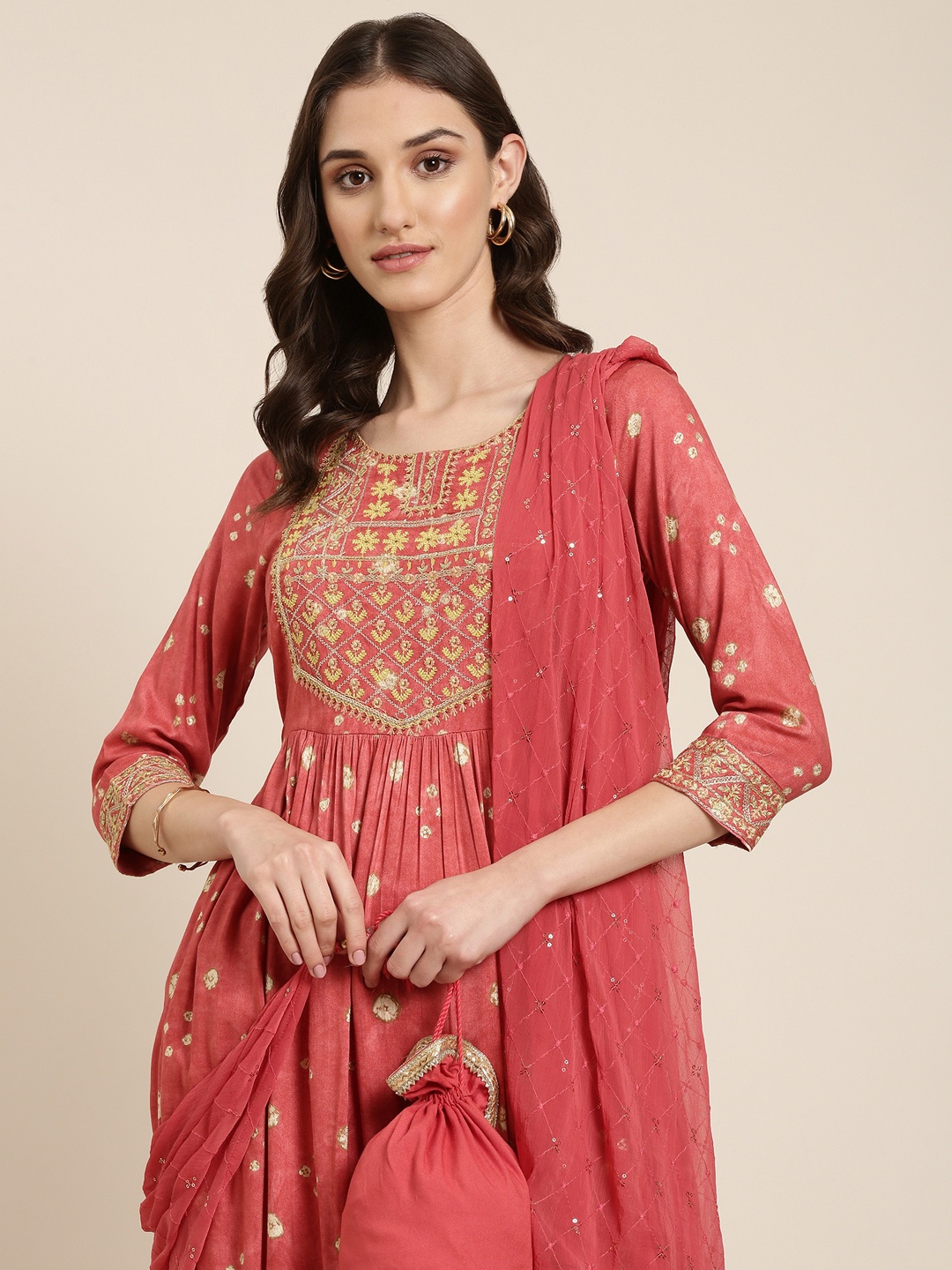

SHOWOFF Bandhani Printed Regular Thread Work Kurta With Trousers & Dupatta, Rust
