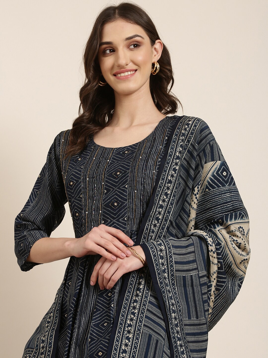 

SHOWOFF Bandhani Printed Empire Beads & Stones Kurta With Trousers & Dupatta, Navy blue