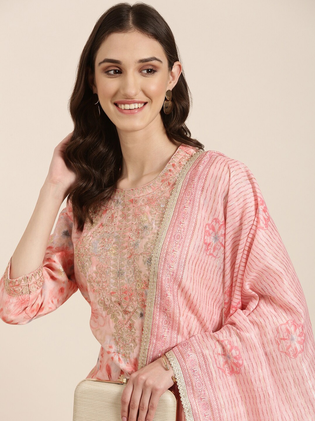 

SHOWOFF Floral Printed Thread Work Kurta & Trousers With Dupatta, Peach