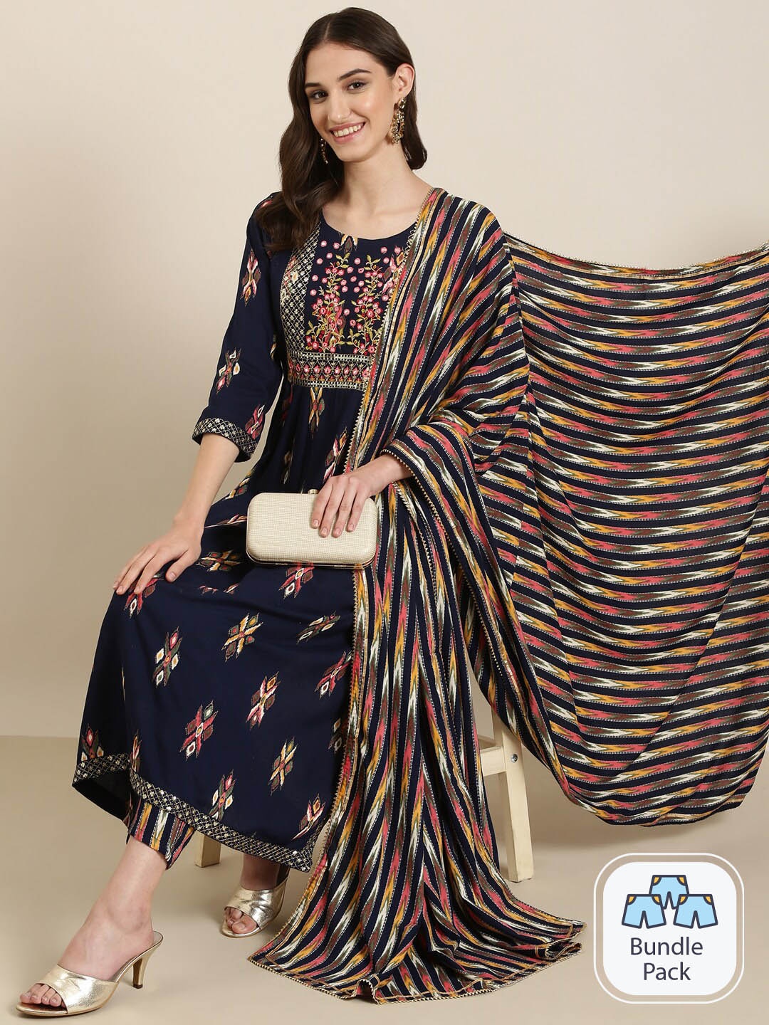 

SHOWOFF Ethnic Motifs Printed Sequinned High Slit Kurta With Trousers & Dupatta, Navy blue