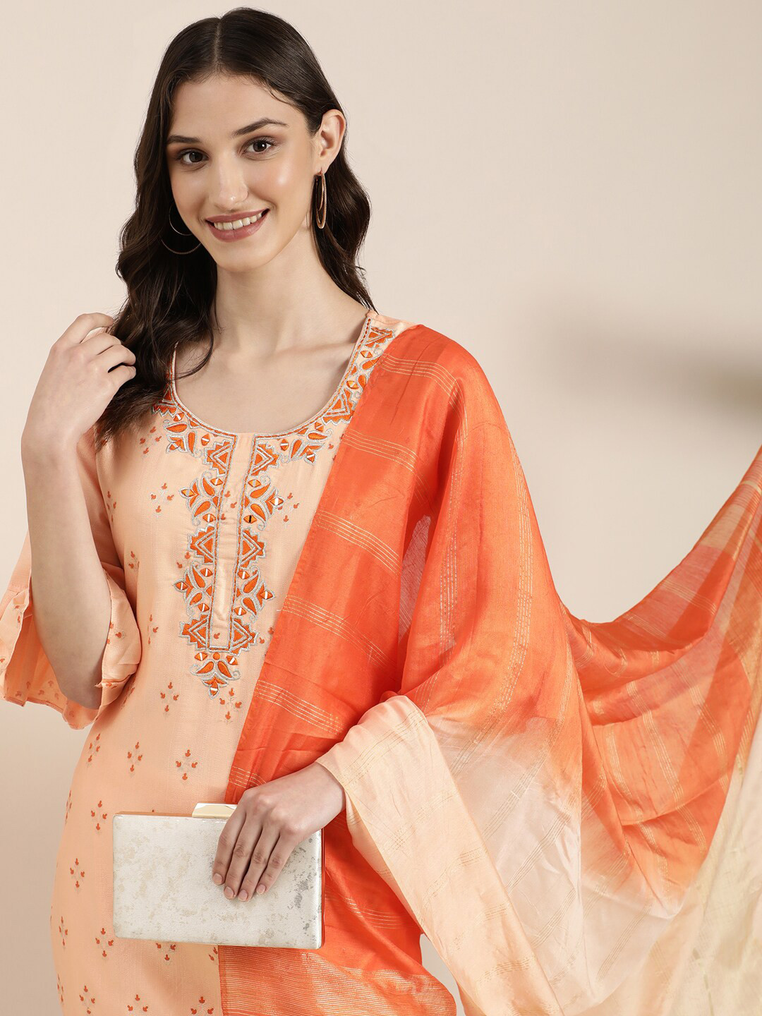 

SHOWOFF Floral Printed Regular Thread Work Kurta With Trousers & Dupatta, Peach