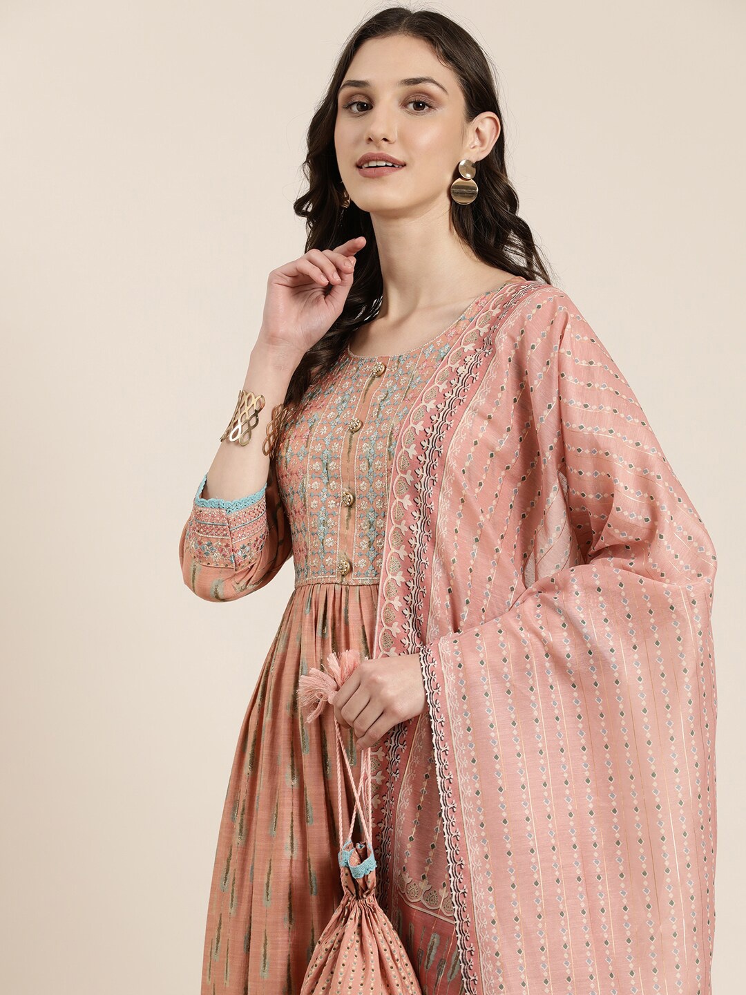 

SHOWOFF Ethnic Motifs Printed Thread Work Pleated A-Line Kurta With Trousers & Dupatta, Peach