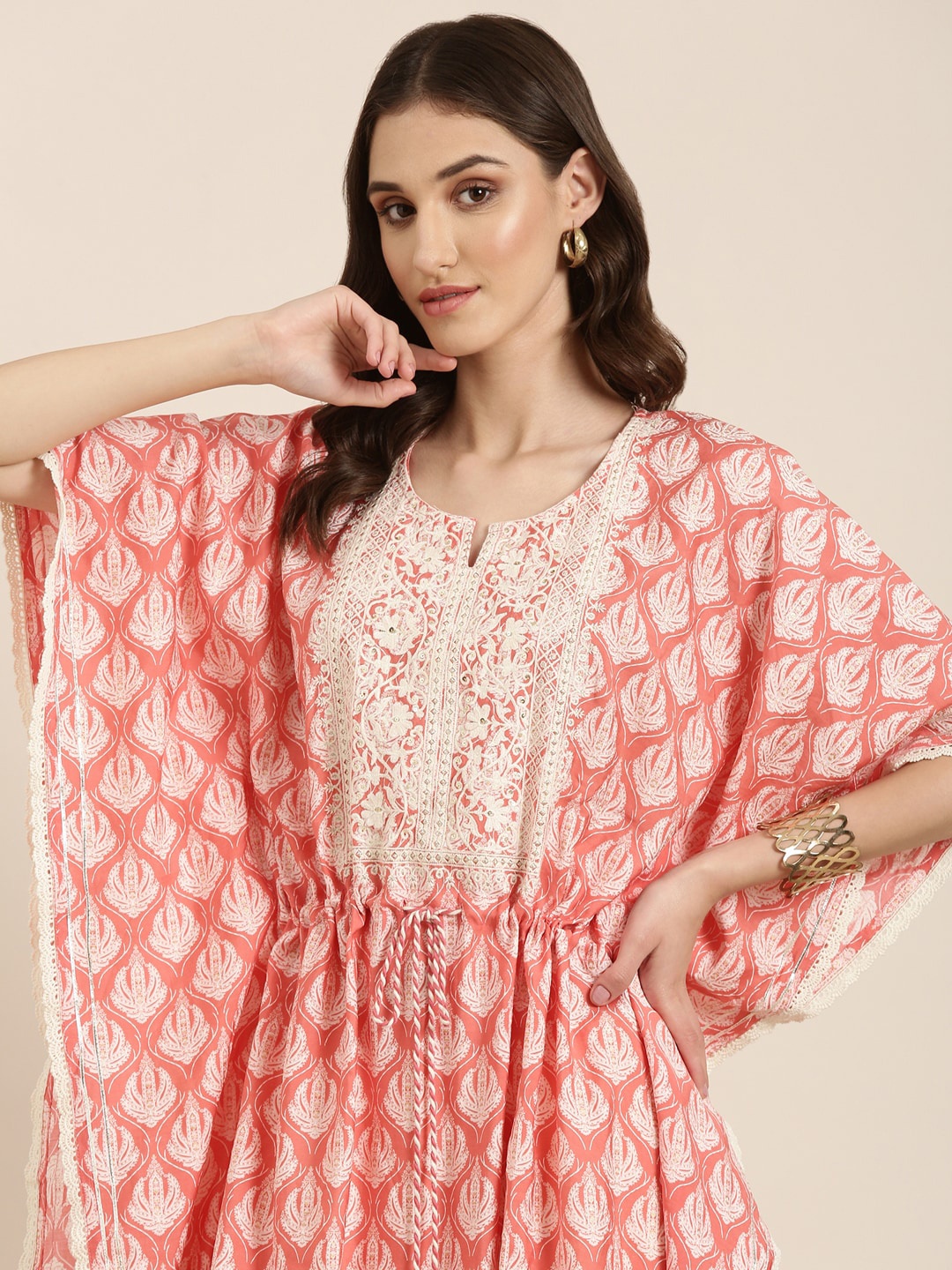 

SHOWOFF Floral Printed Thread Work Kaftan Kurta with Trousers, Coral