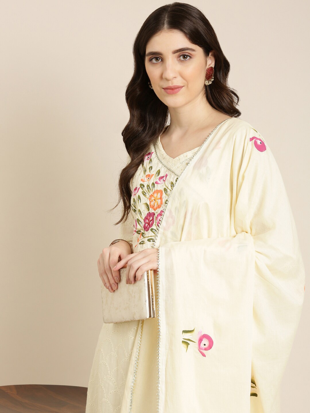 

SHOWOFF Floral Printed Angrakha Kurta With Trousers & Dupatta, Cream