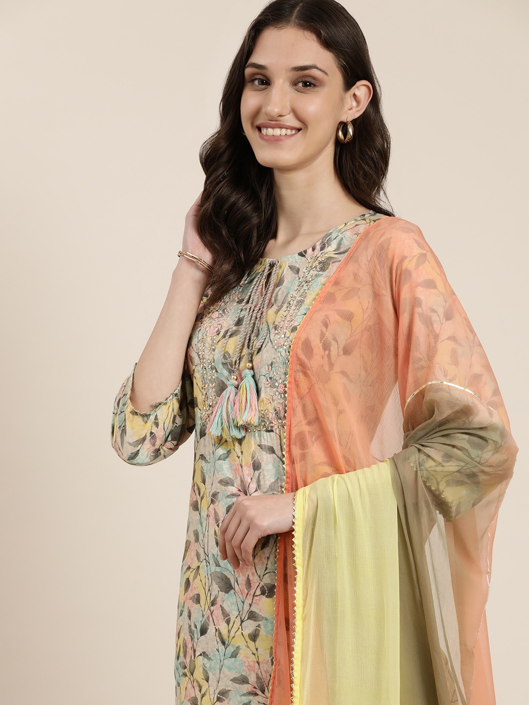 

SHOWOFF Floral Printed Tie-Up Neck Beads & Stones Thread Work Kurta with Sharara & Dupatta, Pink