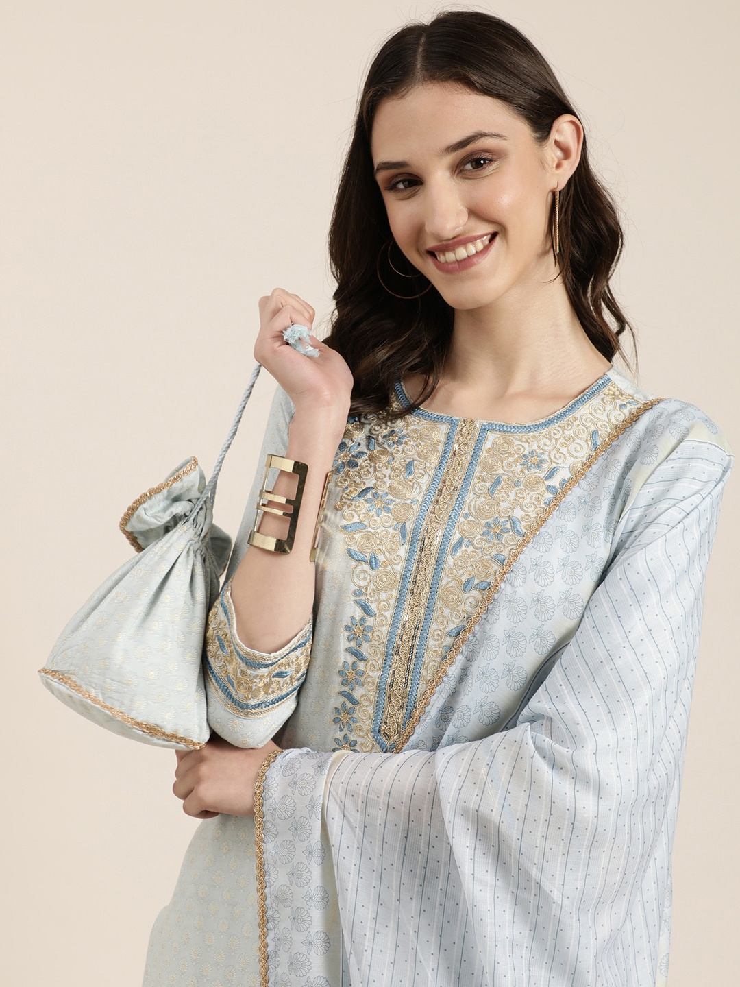 

SHOWOFF Ethnic Motifs Printed Thread Work Detailed Straight Kurta & Trousers With Dupatta, Blue