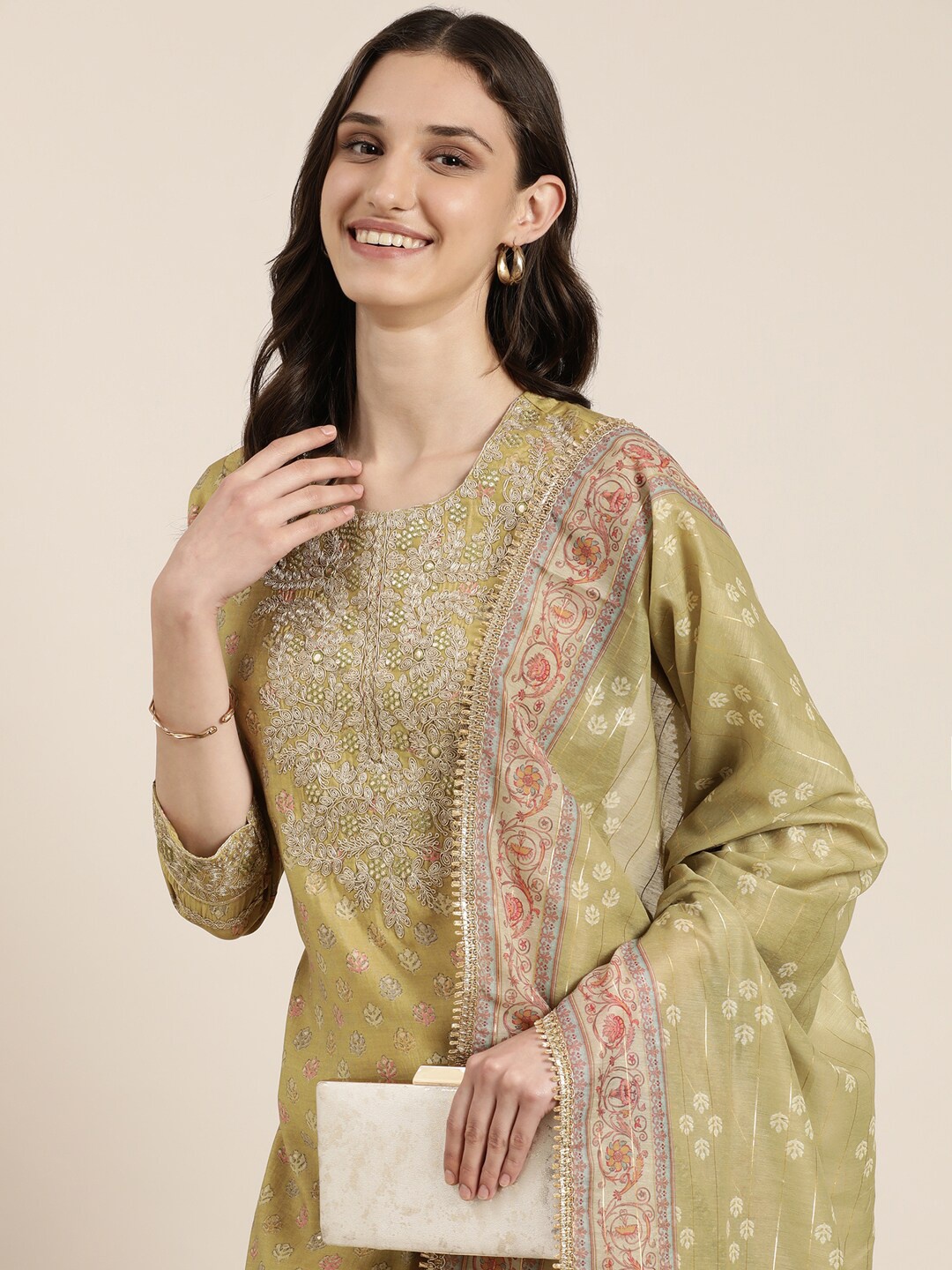 

SHOWOFF Floral Embroidered Thread Work Straight Kurta With Trousers & Dupatta, Olive