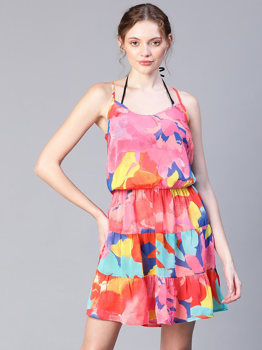 Oxolloxo Abstract Printed Shoulder Strap Flared Mini Swimwear Cover Up Dress, Pink