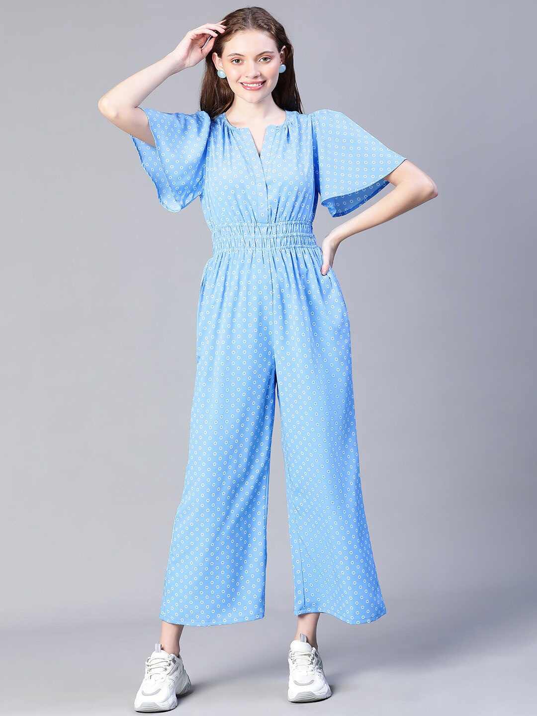 

Oxolloxo Printed Smocked Basic Jumpsuit, Blue