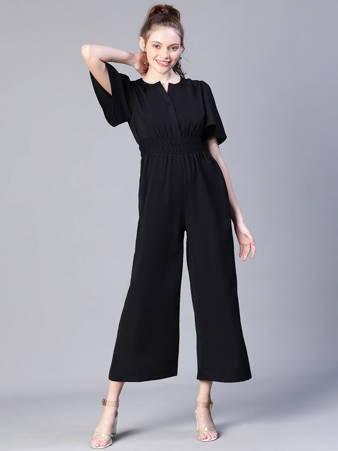 

Oxolloxo Smocked Short Sleeves Basic Jumpsuit, Black