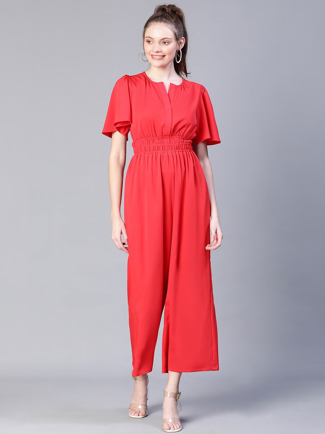 

Oxolloxo Smocked Short Sleeves Basic Jumpsuit, Red