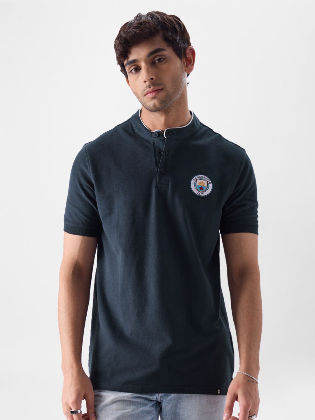 

The Souled Store Mandarin Collar Cotton T-shirt, Blue