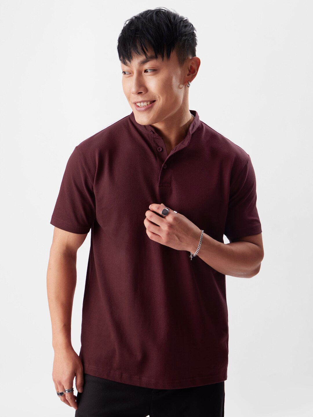 

The Souled Store Mandarin Collar Cotton T-shirt, Maroon