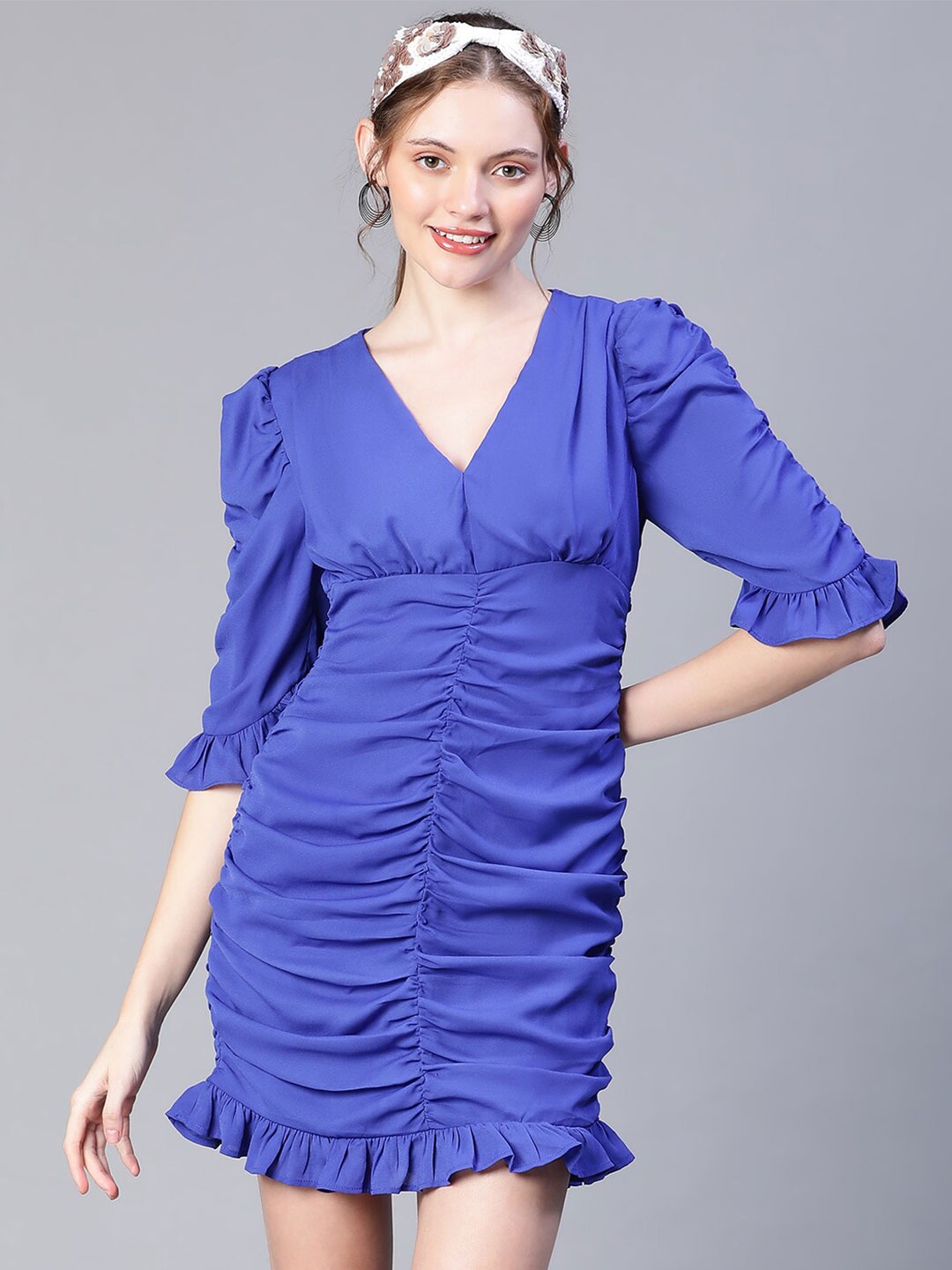 

Oxolloxo V-Neck Puff Sleeves Casual Sheath Mini Dress, Blue
