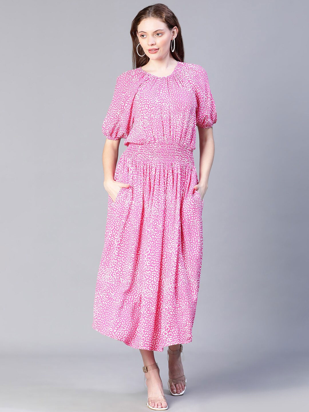

Oxolloxo Abstract Print Raglan Sleeve Smocked Fit & Flare Midi Dress, Pink