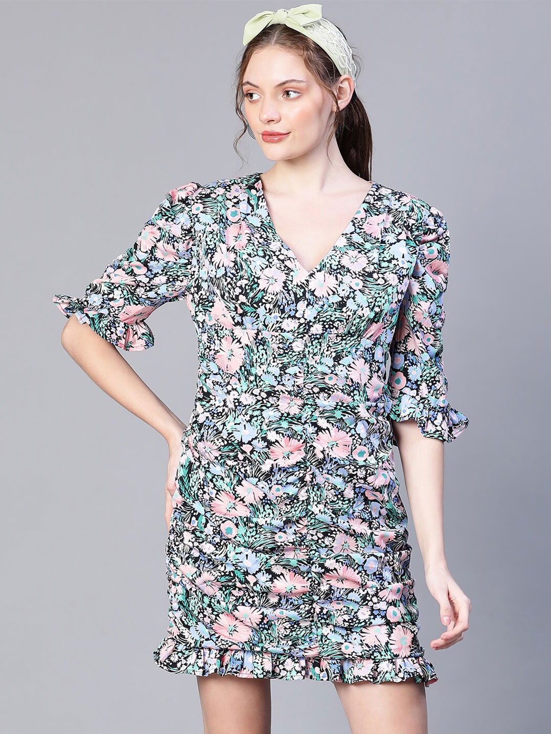 

Oxolloxo Floral Printed Bell Sleeves A-Line Dress, Black