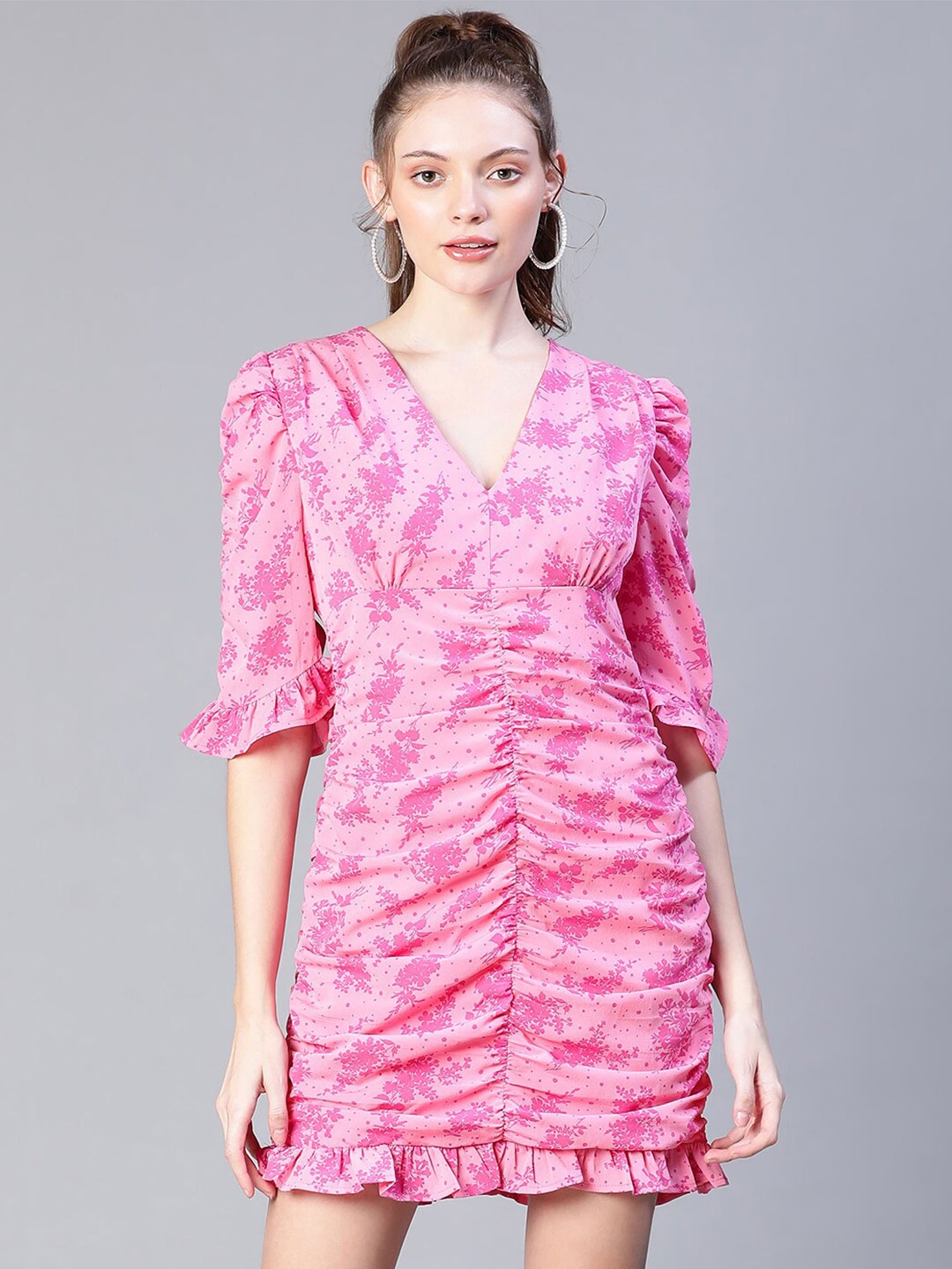 

Oxolloxo Abstract Printed V-Neck Puff Sleeves Gathered Casual Sheath Dress, Pink