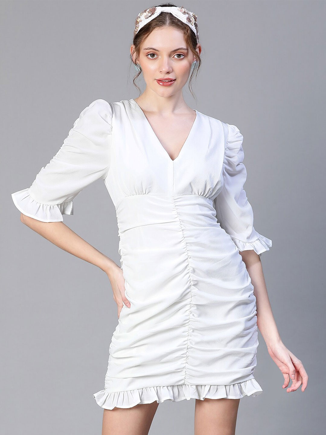 

Oxolloxo V-Neck Puff Sleeves Sheath Dress, White