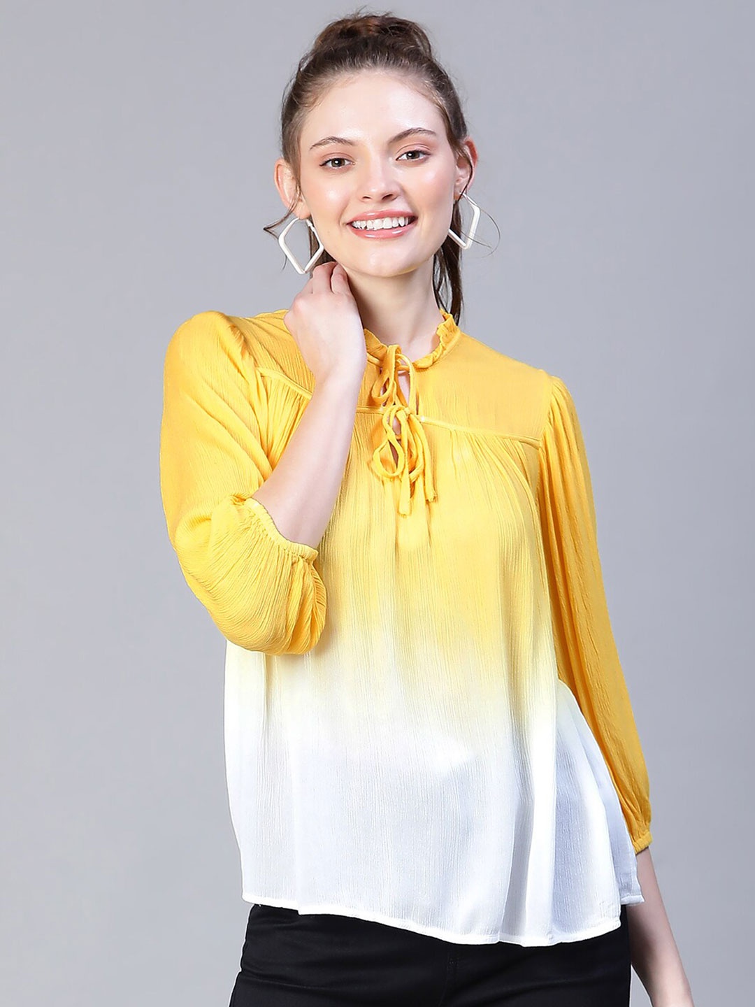 

Oxolloxo Ombre Dyed Tie-Up Neck Top, Yellow