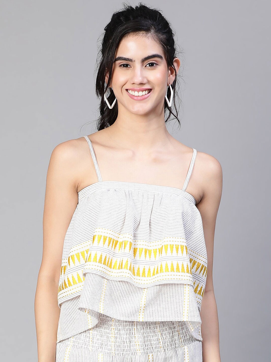 

Oxolloxo Geometric Embroidered Layered Shoulder Strap Cotton Regular CropTop, Beige