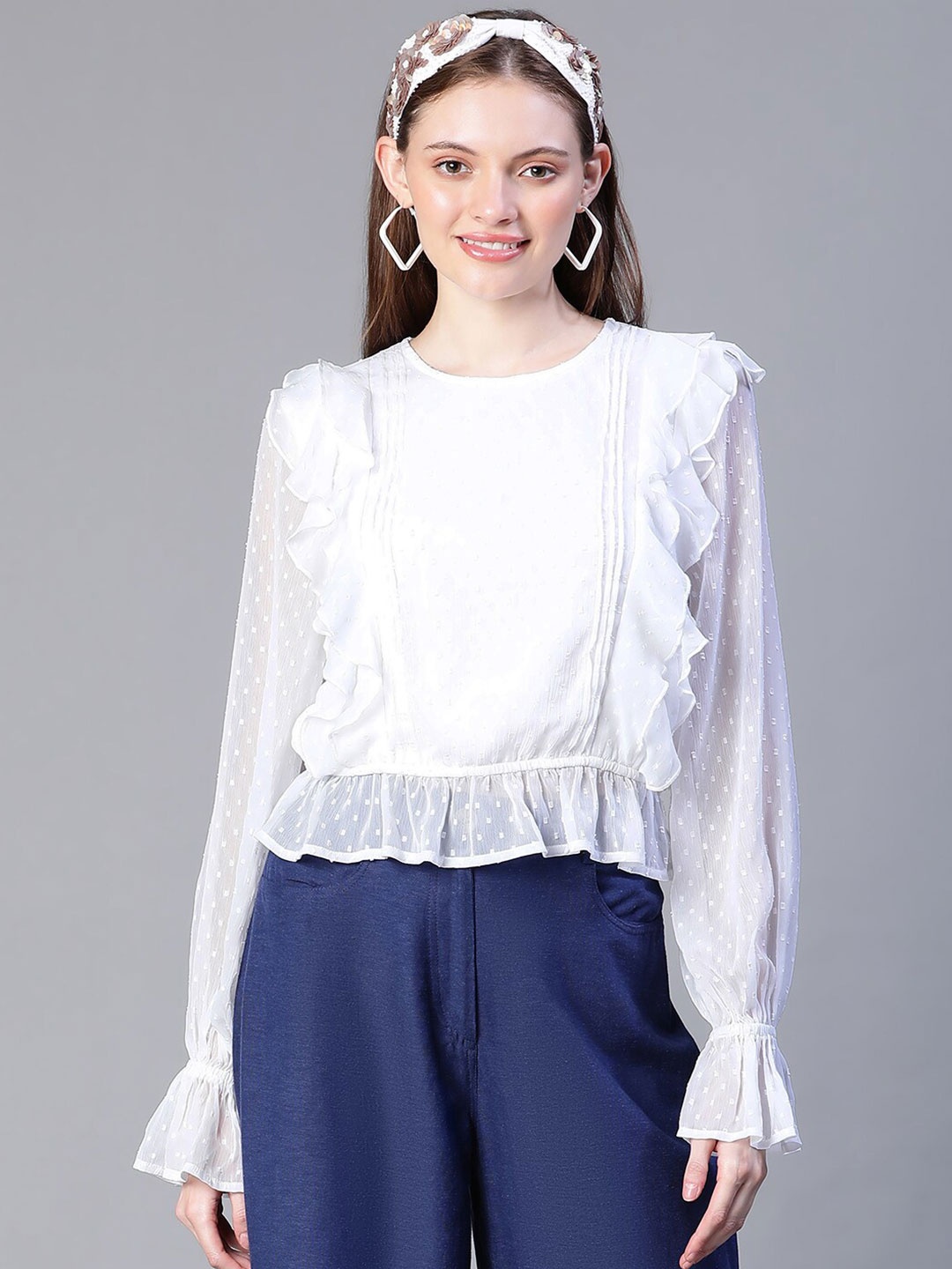 

Oxolloxo Self Design Round Neck Ruffle Regular Top, White