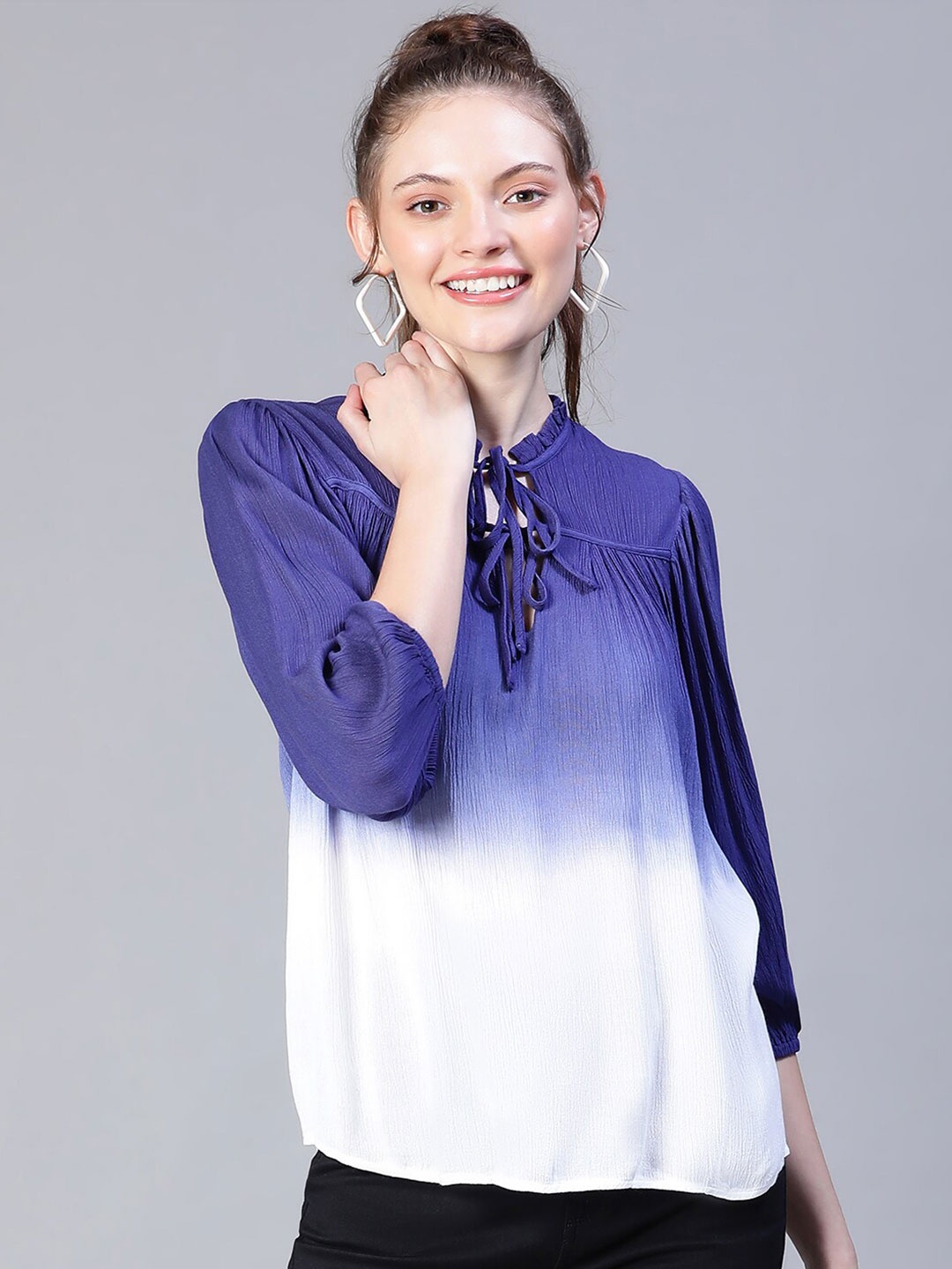 

Oxolloxo Ombre Tie-Up Neck Puff Sleeve Regular Top, Blue