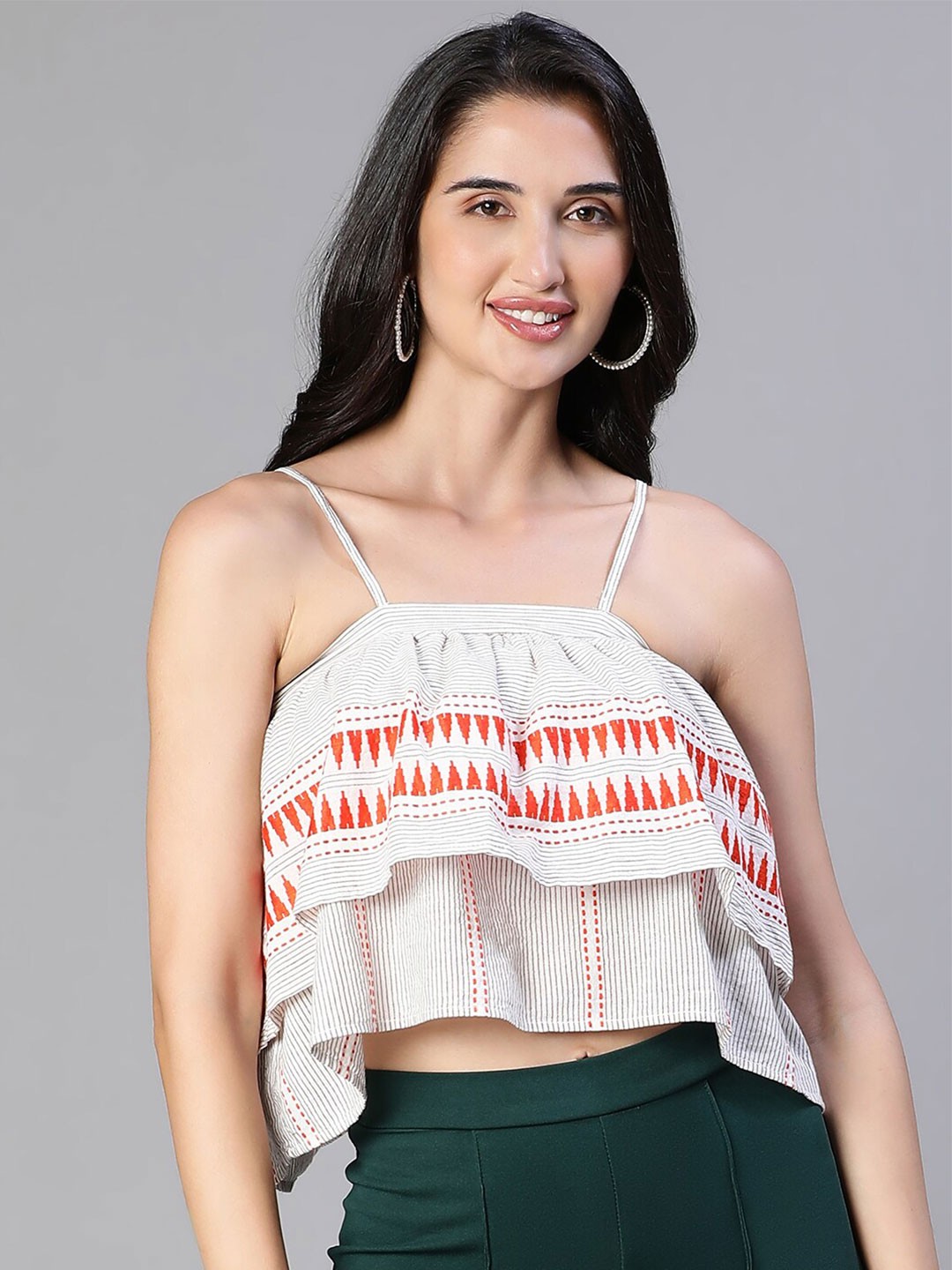 

Oxolloxo Geometric Embroidered Layered Shoulder Strap Cotton Regular CropTop, Grey
