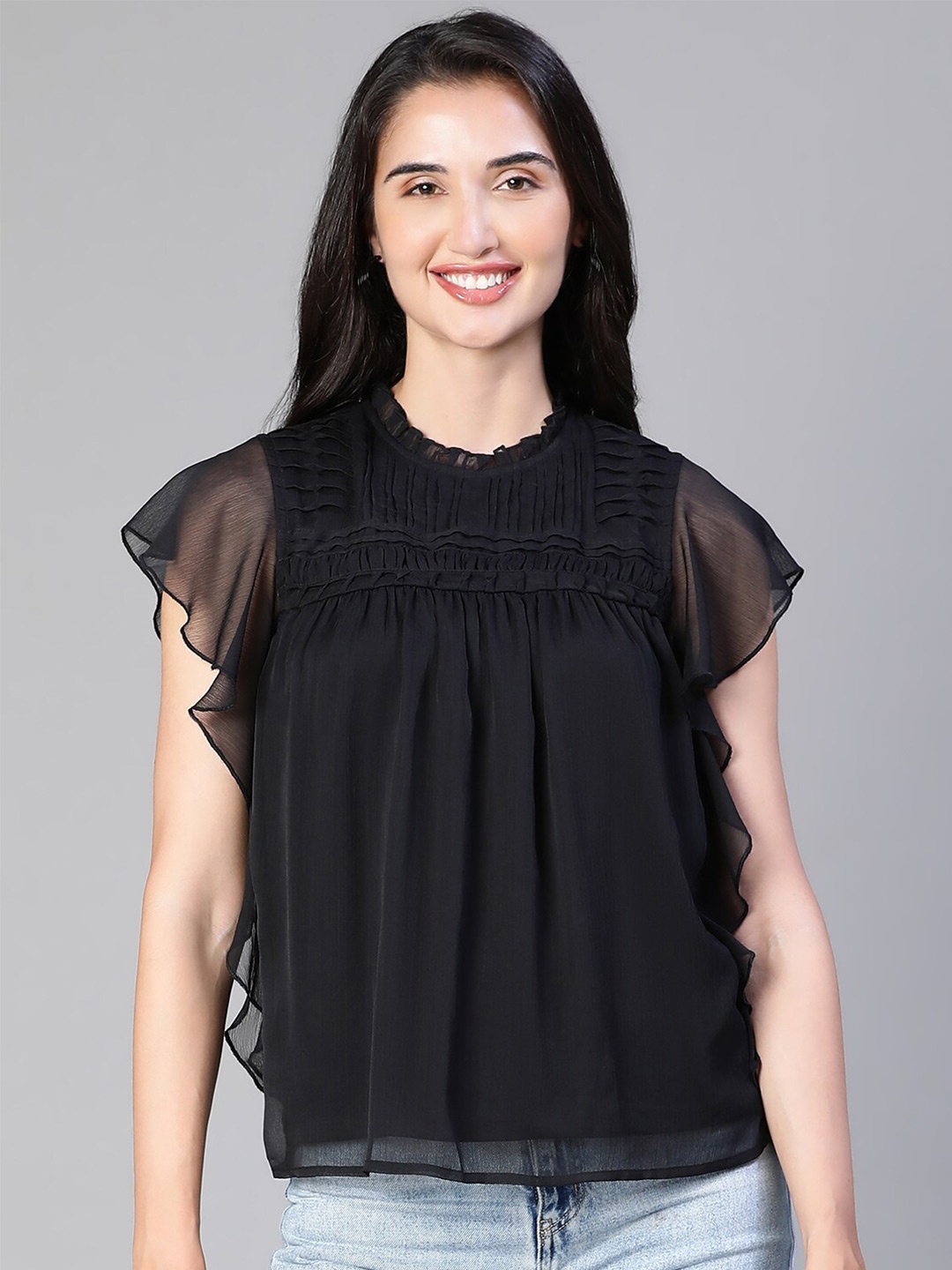 

Oxolloxo High Neck Flutter Sleeve Georgette Top, Black