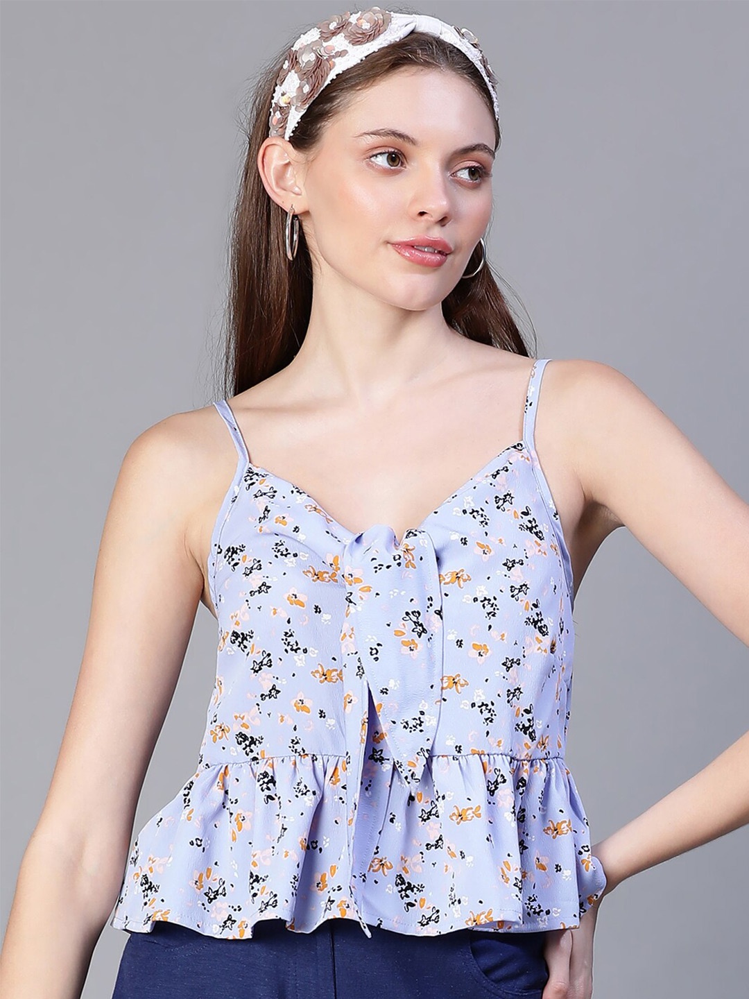 

Oxolloxo Floral Printed Shoulder Strap Peplum Top, Blue