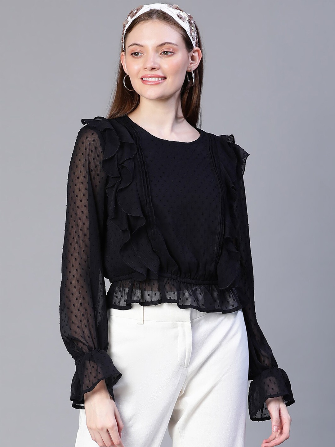 

Oxolloxo Self Design Round Neck Bell Sleeve Ruffles Regular Top, Black