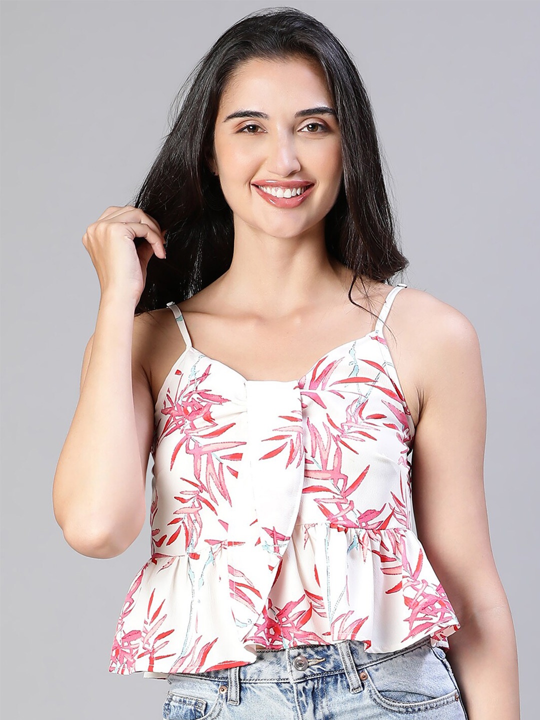 

Oxolloxo Floral Printed Shoulder Strap Peplum Crop Top, White