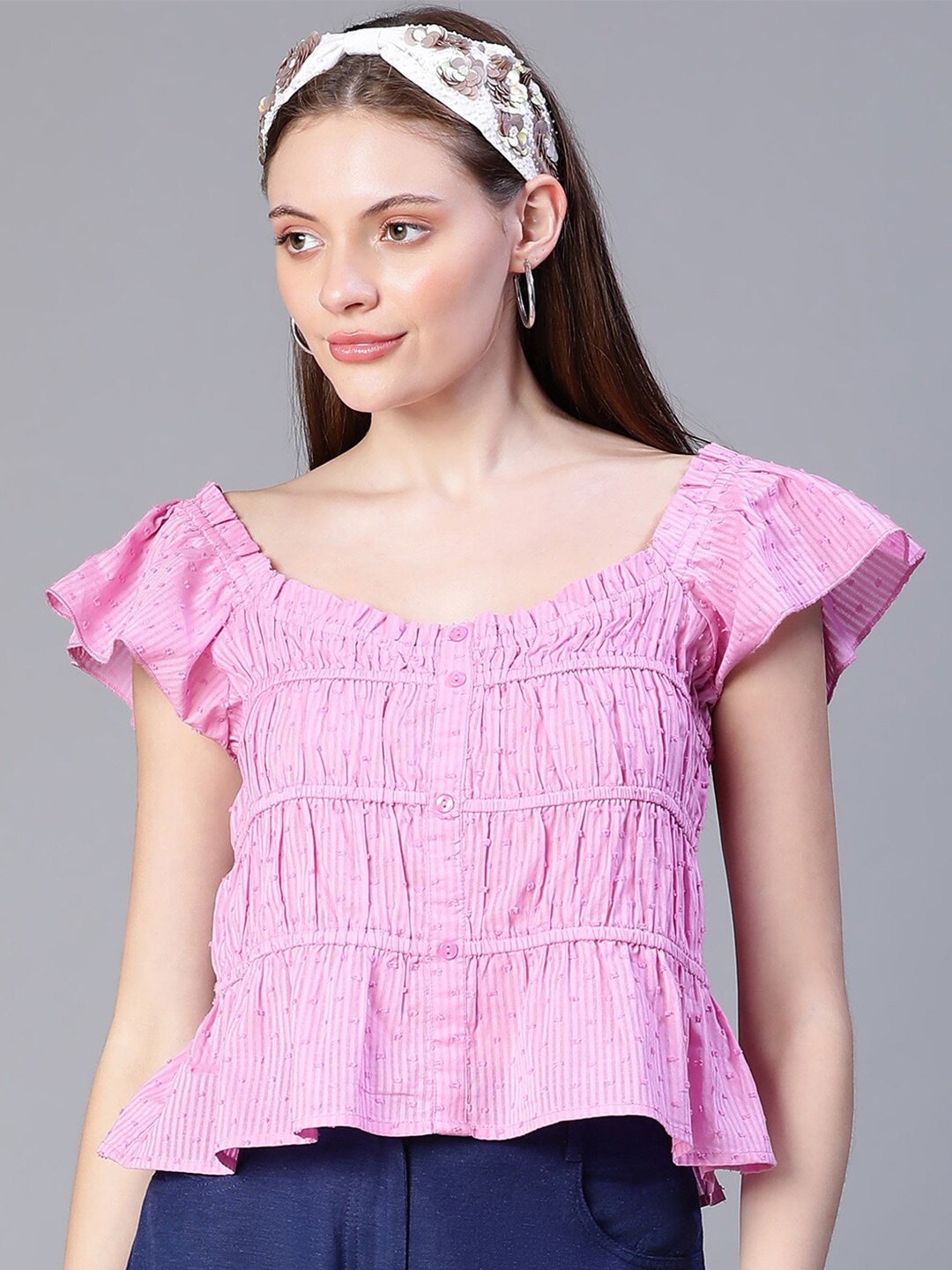 

Oxolloxo Self Design Gathered Boat Neck Flutter Sleeve Peplum Top, Purple
