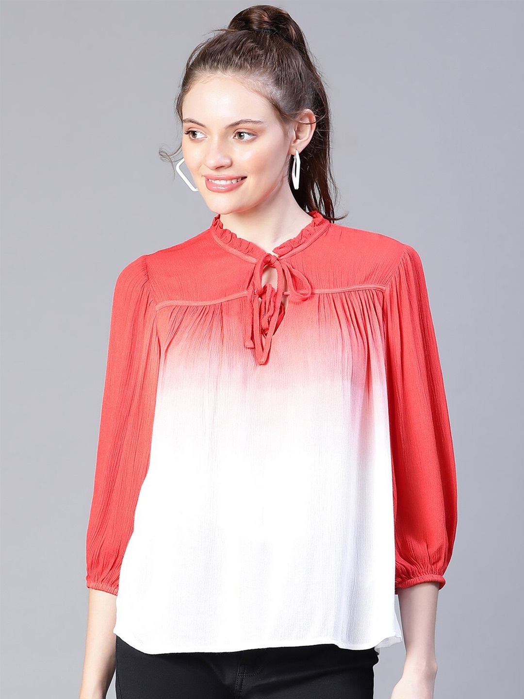 

Oxolloxo Ombre Tie-Up Neck Puff Sleeve Regular Top, Red